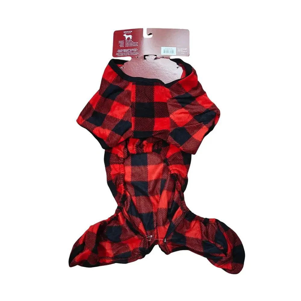 Holiday Buffalo Check Plaid Fleece Matching Family Dog Pajama with Sleeves M